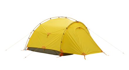 A vibrant yellow camping tent set up in a serene outdoor setting, showcasing its spacious design for adventure seekers