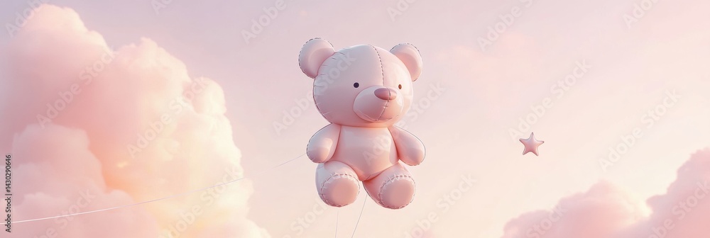Aufkleber bear balloon floating in pink sky with star string at sunset creating a whimsical atmosphere generat