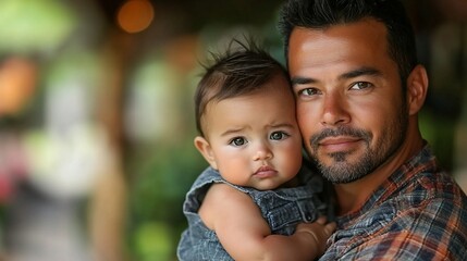 Fototapeta premium Father and baby outdoors, happy family, blurred background, for family website