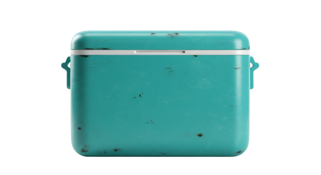A vintage turquoise storage case with visible wear and tear, set against a plain background, ideal for retro-themed design - Powered by Adobe