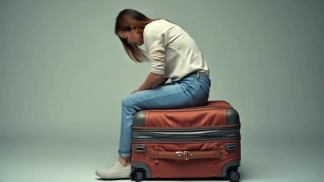 Woman struggling to close overflowing suitcase  