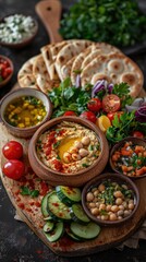 Fototapeta premium Mediterranean platter with hummus, pita, vegetables, and dips