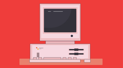 Illustration of old retro computer devices, featuring vintage keyboards, monitors, and floppy disks, symbolizing nostalgia and the evolution of technology