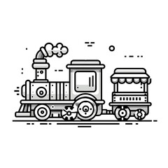Outlined Locomotive Train with Passenger Car and Smoke on Transparent Background