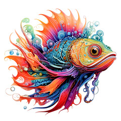vibrant, whimsical fish illustration features playful patterns and swirling colors, creating lively and imaginative underwater scene., isolated