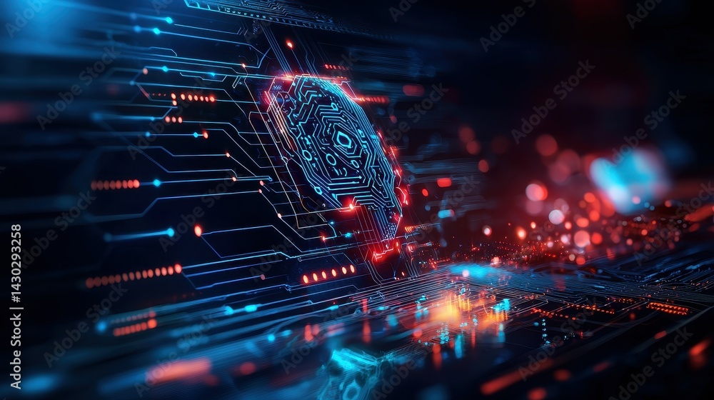 Poster abstract digital circuit with glowing neural connections and holographic elements.