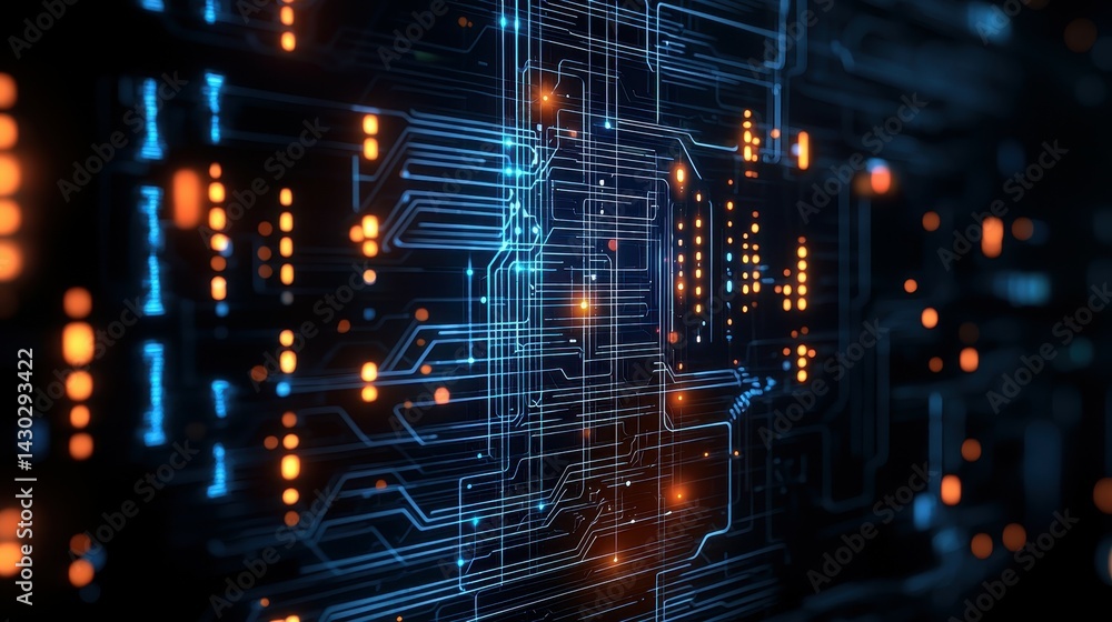Poster abstract digital circuit board pattern depicting technology and innovation.