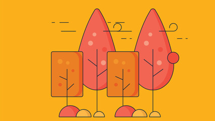 Flat design illustration of an autumn tree with orange and yellow leaves, standing isolated on a solid background, symbolizing fall season, change, and natural beauty in a clean, stylized form