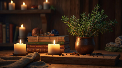 cinnamon rosemary spice candle lit wooden table rustic decor for spa relaxation home ambiance and peaceful setting premium wallpaper for spa advertisement