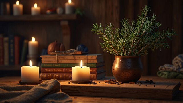 cinnamon rosemary spice candle lit wooden table rustic decor for spa relaxation home ambiance and peaceful setting premium wallpaper for spa advertisement