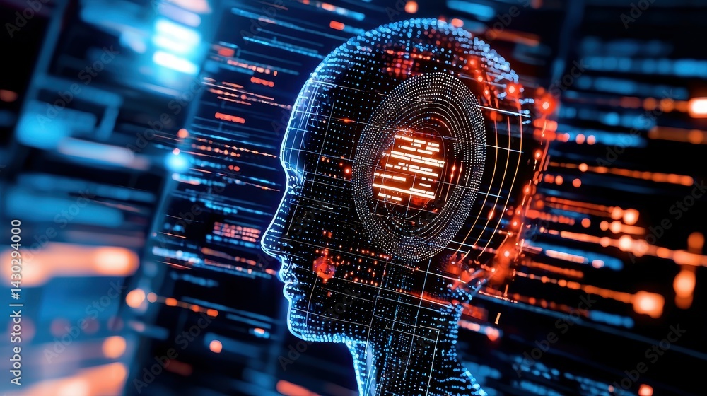 Aufkleber futuristic digital head silhouette with glowing data streams and neural network patterns.