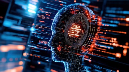 Futuristic digital head silhouette with glowing data streams and neural network patterns.