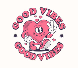 Fun and colorful heart cartoon character design. Perfect for stickers, t shirts, posters, and prints. A groovy, retro style with vintage and playful vibes
