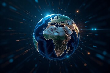 A digital computing network on half of the surface of the planet Earth. Global technological concept