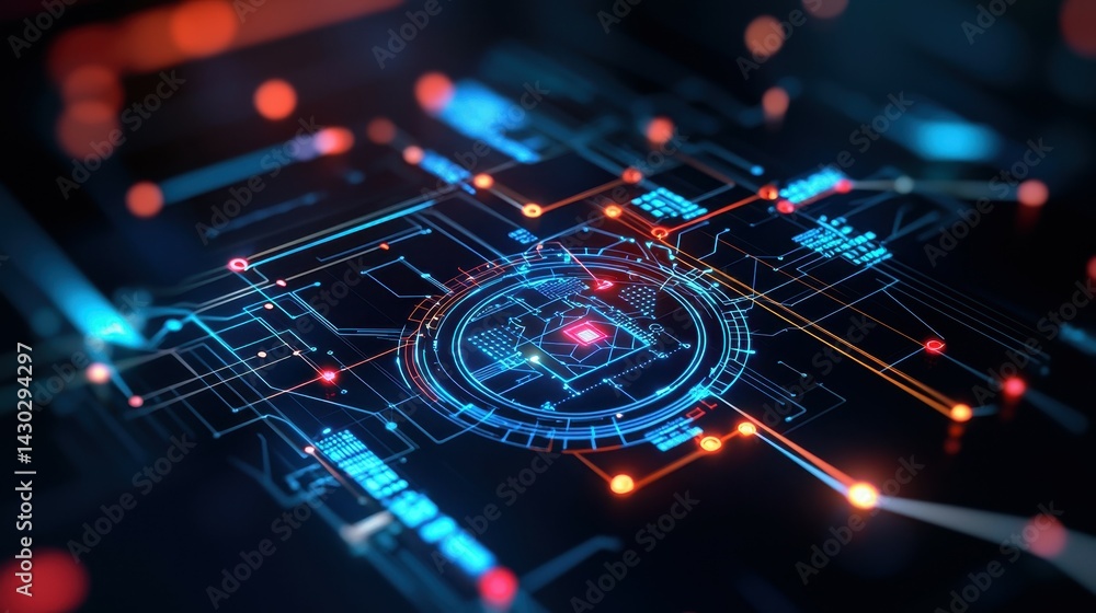 Poster abstract digital technology background with glowing circuits and intricate patterns.