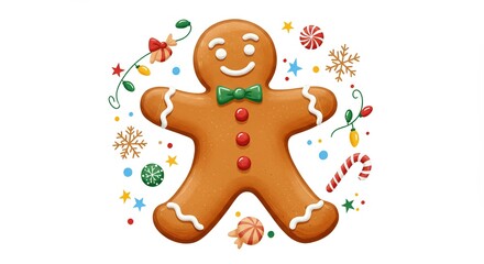 festive holiday illustration centered on a gingerbread man