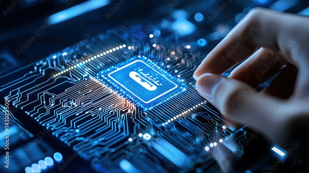 Poster close-up of a hand touching a glowing microchip in a high-tech setting.