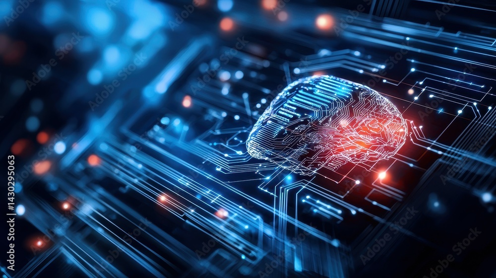 Poster abstract digital brain with circuits on a blue background, symbolizing ai technology.