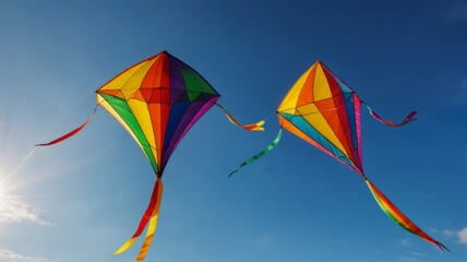 Three colorful kites fly in the sky on a sunny day. Kites different colors, sizes. Concept of joy and freedom.