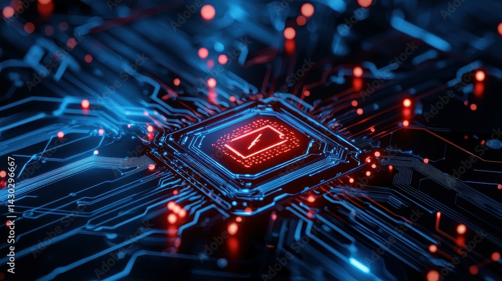 Poster close-up of a glowing microchip with intricate circuit board connections.
