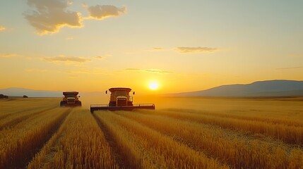 Fototapeta premium Harvesters working a golden wheat field at sunset. Possible use Stock photo for agriculture, farming, machinery, harvesting, nature