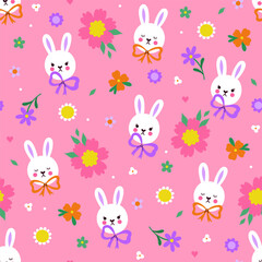 Fototapeta premium Seamless pattern with cute bunny faces, bows and flowers. Vector graphics