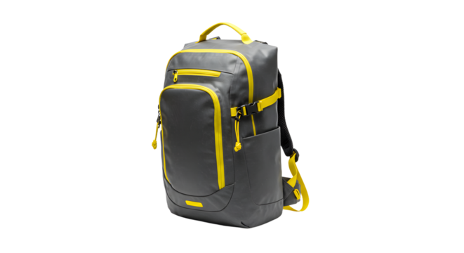 Stylish gray backpack with yellow accents positioned on a clean surface, showcasing its features for travel and daily use