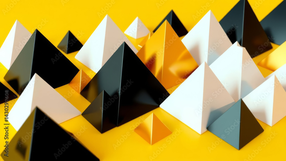 Poster collection of black, white, and gold pyramids is arranged on vibrant yellow background, creating str