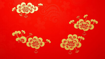 vibrant red background adorned with intricate gold floral and cloud patterns, evoking sense of traditional Chinese elegance and festivity. design is symmetrical and ornate