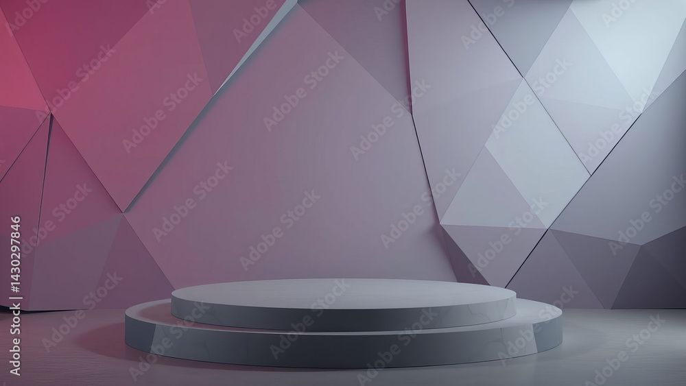 Poster modern, abstract geometric background features minimalist podium display with layered platforms agai