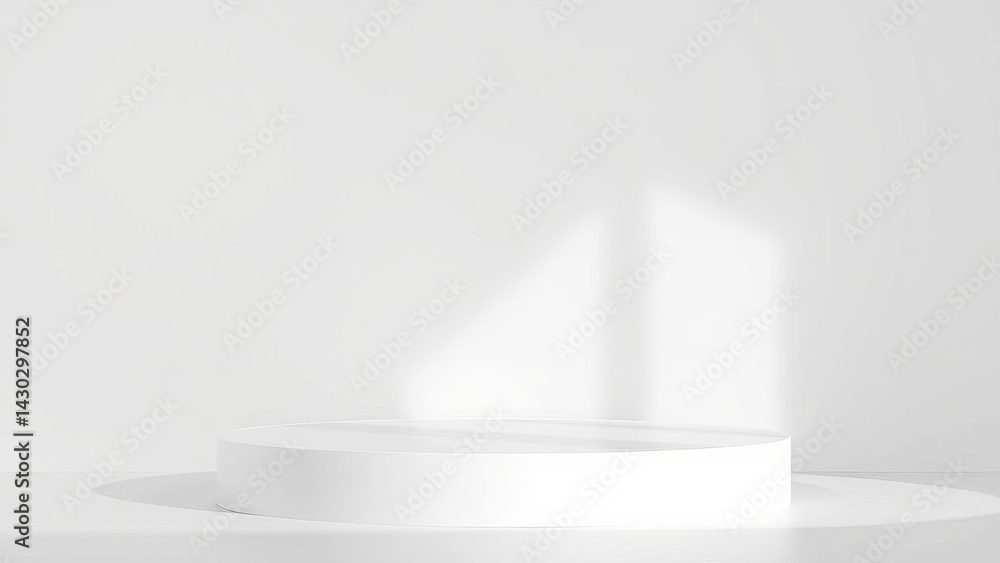 Poster minimalist white circular podium is set against plain background, creating clean and modern display 