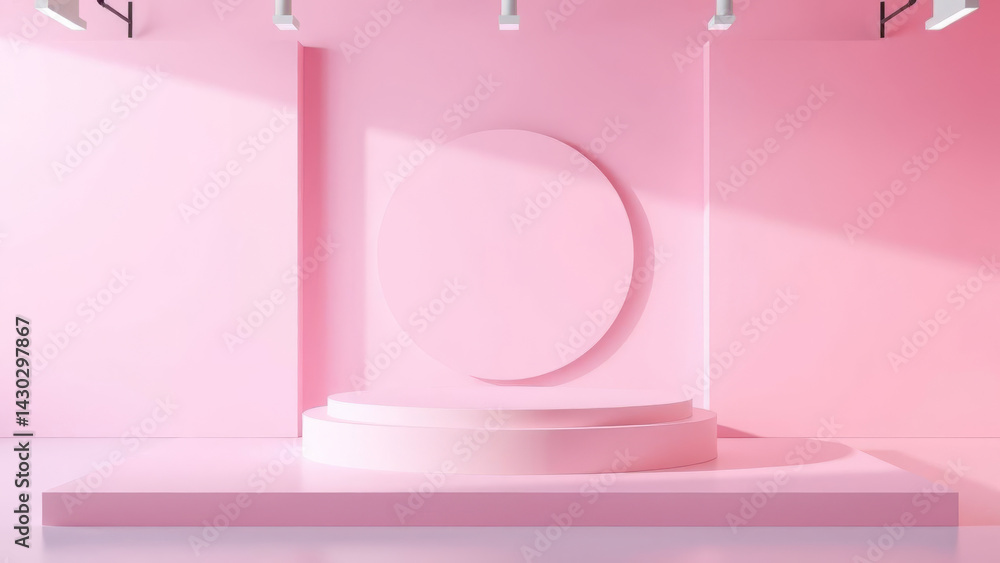 Poster minimalist pink scene features geometric shapes with circular backdrop and platform, creating modern