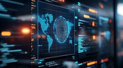 Futuristic digital world map with a fingerprint overlay, representing cybersecurity.