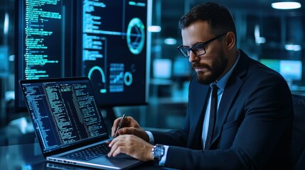Focused young man in a suit analyzing data on a laptop in a tech-filled environment.