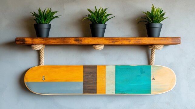 Upcycling  idea concept. Handcrafted shelves from recycled skateboards