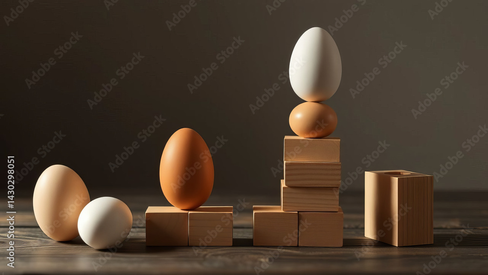 Aufkleber eggs and wooden blocks are artfully balanced in dramatic lighting, creating serene and harmonious co