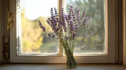 Lavender stems drying on a sunny window ledge .