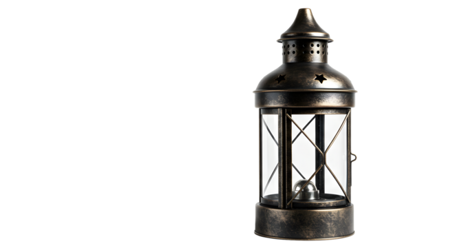 Vintage metal lantern with glass panels, elegantly illuminated, set against a soft blurred background, ideal for cozy settings