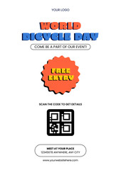 Flat Style Social Media Flyer Artwork for Promoting World Bicycle Day with Cartoon Scene