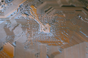 Focus on the center point on the back of computer's motherboard, Mainboard panel background.