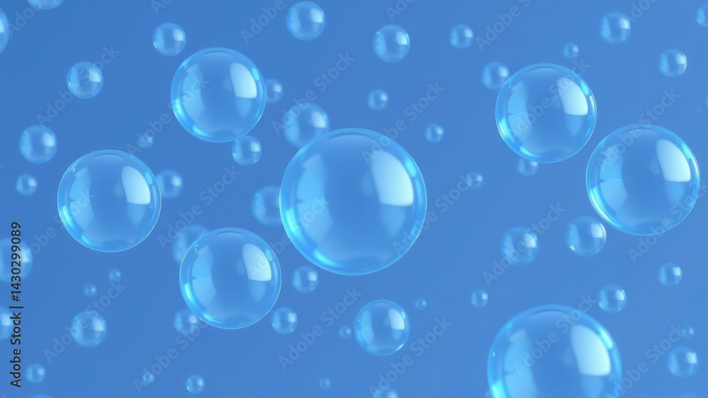 Poster floating transparent blue bubbles against serene background create calming and dreamy atmosphere. 3d