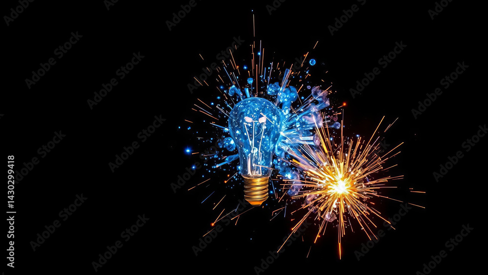 Poster glowing lightbulb explodes with vibrant blue and gold sparks against dark background, creating dynam
