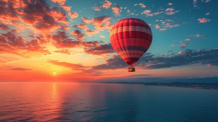 Obraz premium Hot Air Balloon Ride over Sunset Ocean
