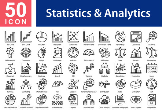 Statistics & Analytics Icon Collection and Symple Concept Black Outline
