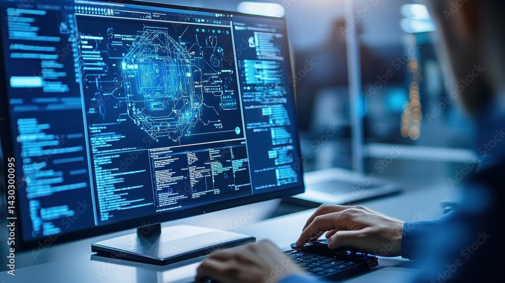 Poster focused individual working on advanced software with a futuristic interface.