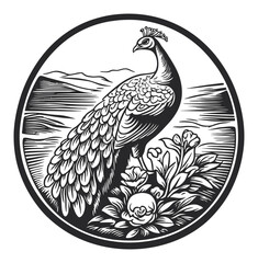 Obraz premium Elegant Engraving of a Peacock Surrounded by Floral Elements