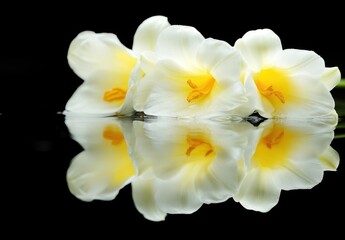 Obraz premium White Flowers, Reflection, Black Background