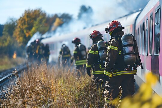 Firefighters battling train blaze on tracks; emergency response; action photo