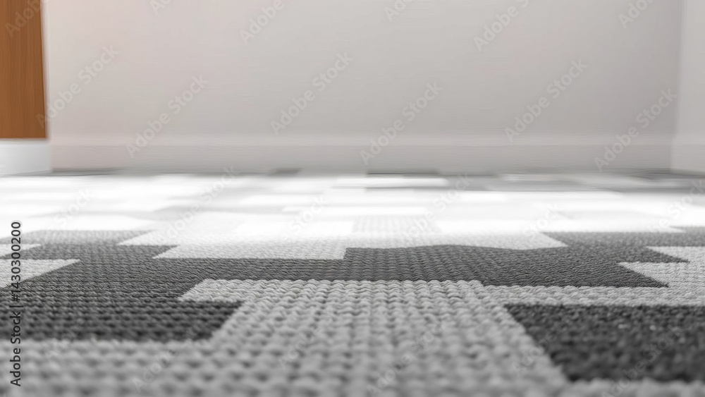 Poster geometric textured carpet with modern design in shades of gray and white is displayed in room, creat