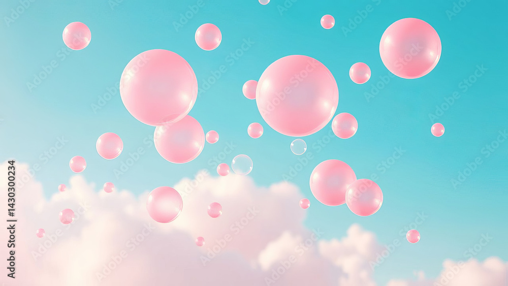 Poster pink and white bubbles float in dreamlike sky, creating whimsical and serene atmosphere. soft clouds